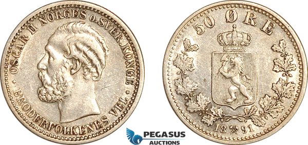 AK411, Norway, Oscar II, 50 Öre 1891, Kongsberg Mint, Silver, Cleaned XF-AU