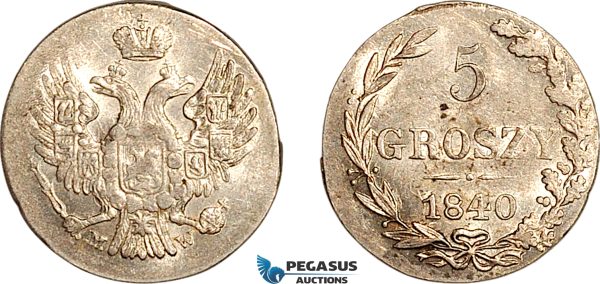 AK413, Poland, Nicholas I. of Russia, 5 Groszy 1840 MW, Warsaw Mint, Silver, Lightly cleaned AU