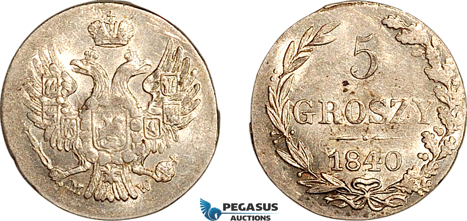 AK413, Poland, Nicholas I. of Russia, 5 Groszy 1840 MW, Warsaw Mint, Silver, Lightly cleaned AU
