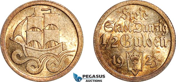 AK414, Poland, Danzig, 1/2 Gulden 1923, Berlin Mint, Silver, Lightly cleaned, UNC