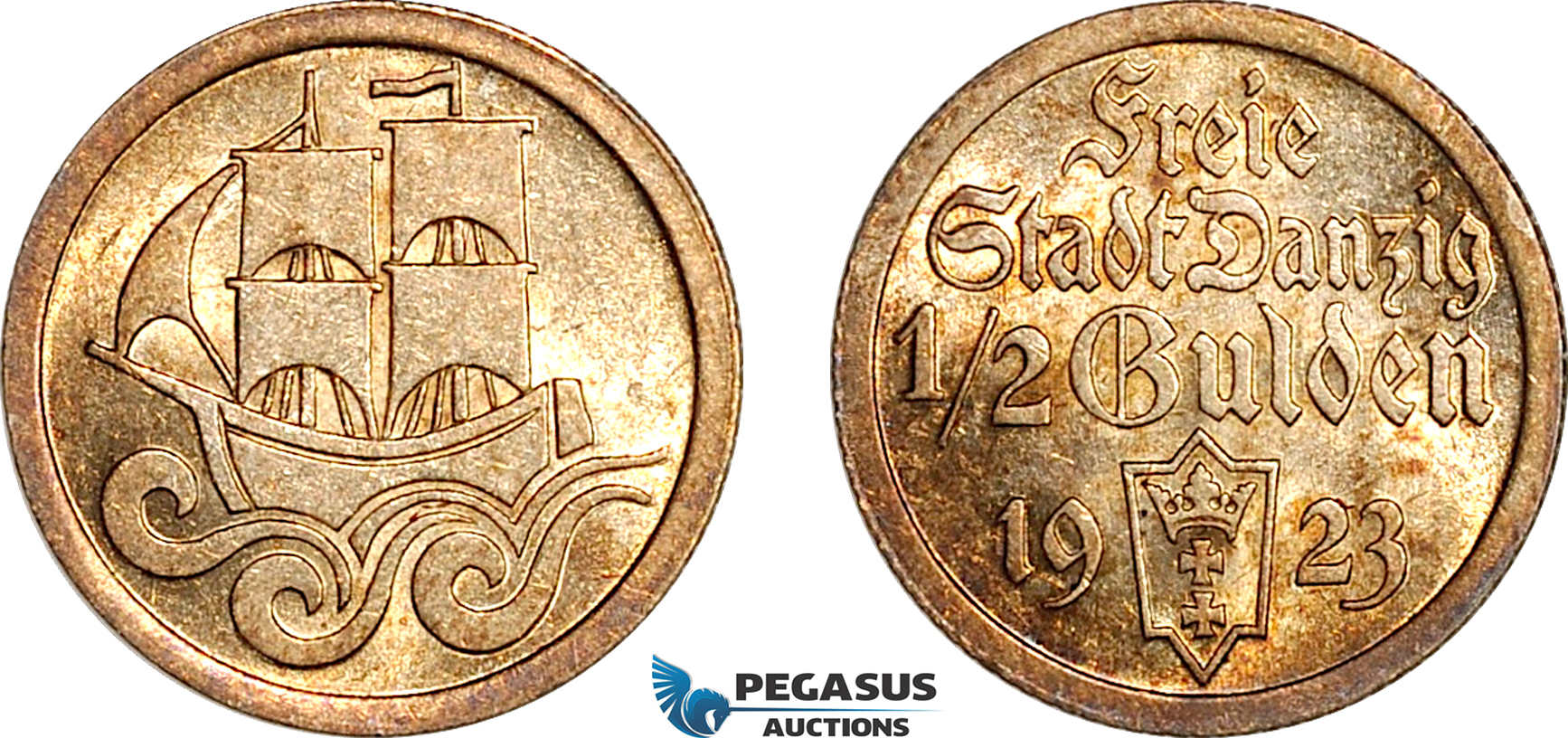 AK414, Poland, Danzig, 1/2 Gulden 1923, Berlin Mint, Silver, Lightly cleaned, UNC