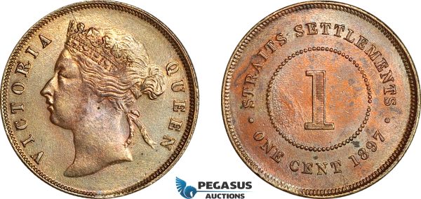 AK433, Straits Settlements, Victoria, 1 Cent 1897, London Mint, Lightly cleaned, UNC