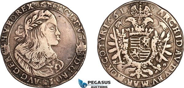 AK435, Hungary, Leopold, 1/2 Taler 1661 KB, Kremnitz Mint, Silver (13.69g) Toned, F-VF, Rare date!