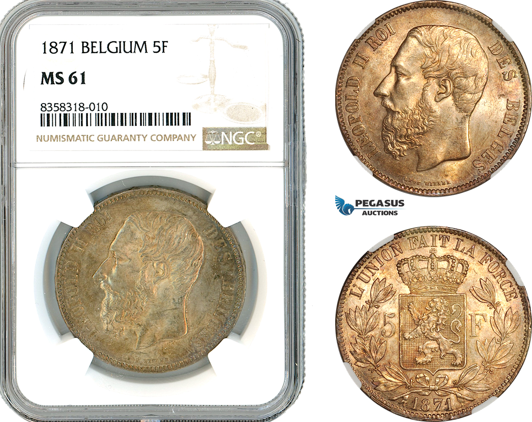 AK443, Belgium, Leopold II, 5 Francs 1871, Brussels Mint, Silver, NGC MS61