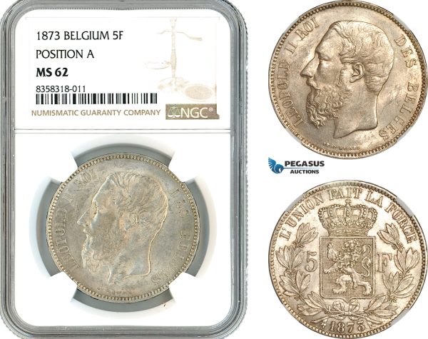 AK444, Belgium, Leopold II, 5 Francs 1873, Brussels Mint, Position "A" Variant, Silver, NGC MS62