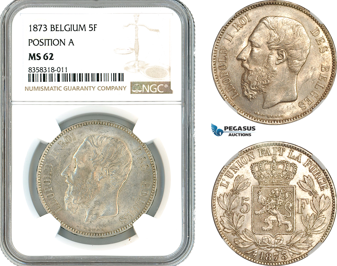 AK444, Belgium, Leopold II, 5 Francs 1873, Brussels Mint, Position "A" Variant, Silver, NGC MS62