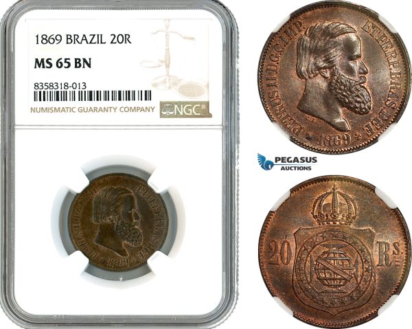 AK446, Brazil, Pedro II, 20 Reis 1869, Rio de Janeiro Mint, NGC MS65BN