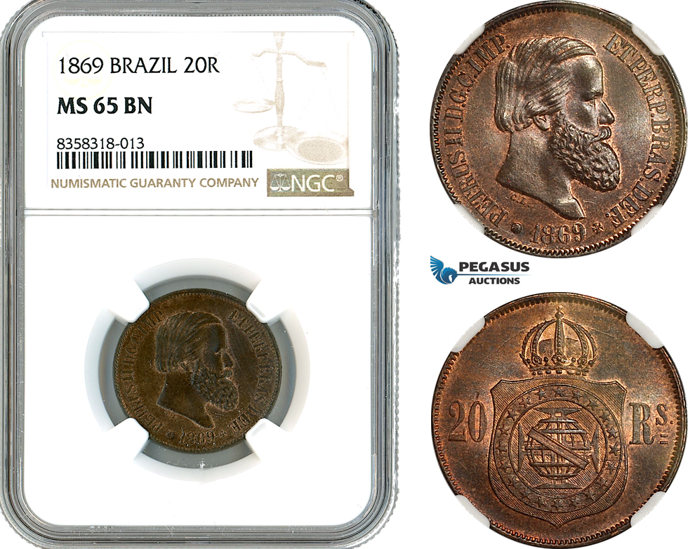 AK446, Brazil, Pedro II, 20 Reis 1869, Rio de Janeiro Mint, NGC MS65BN