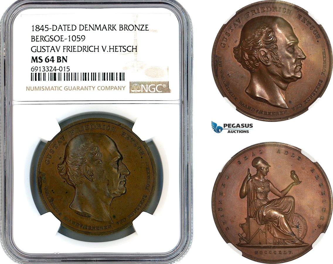 AK456, Denmark, 1845 Bronze Medal by Conradsen, Gustav Friedrich Hetsch, Owl, Minerva, NGC MS64BN