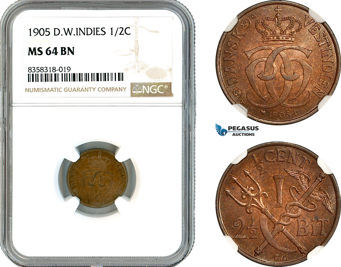 AK457, Denmark, Danish West Indies, Christian IX, 2 1/2 Bit / 1/2 Cent 1905, Copenhagen Mint, NGC MS64BN, Prooflike!