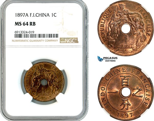 AK460, French Indo-China, 1 Centime 1897 A, Paris Mint, NGC MS64RB