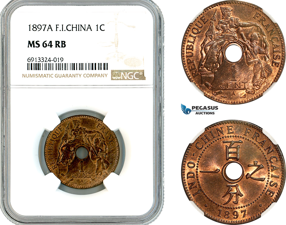 AK460, French Indo-China, 1 Centime 1897 A, Paris Mint, NGC MS64RB
