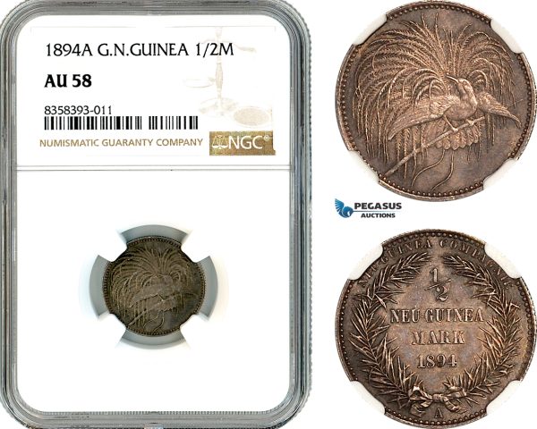 AK467, German New Guinea, 1/2 Mark 1894 A, Berlin Mint, Silver, NGC AU58
