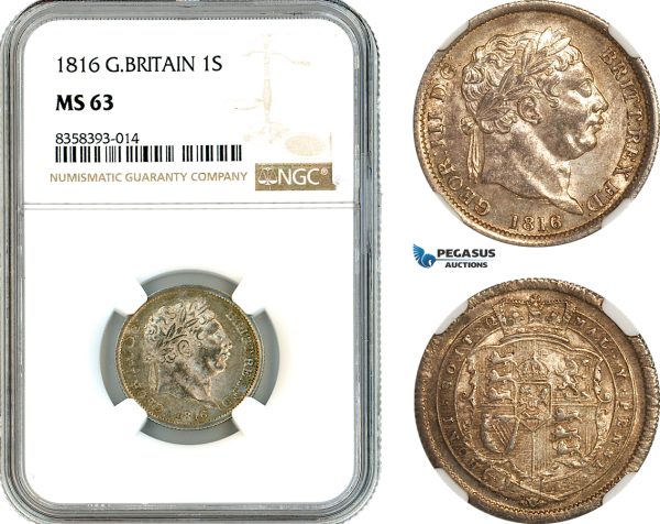 AK468, Great Britain, George III, 1 Shilling 1816, London Mint, Silver, NGC MS63