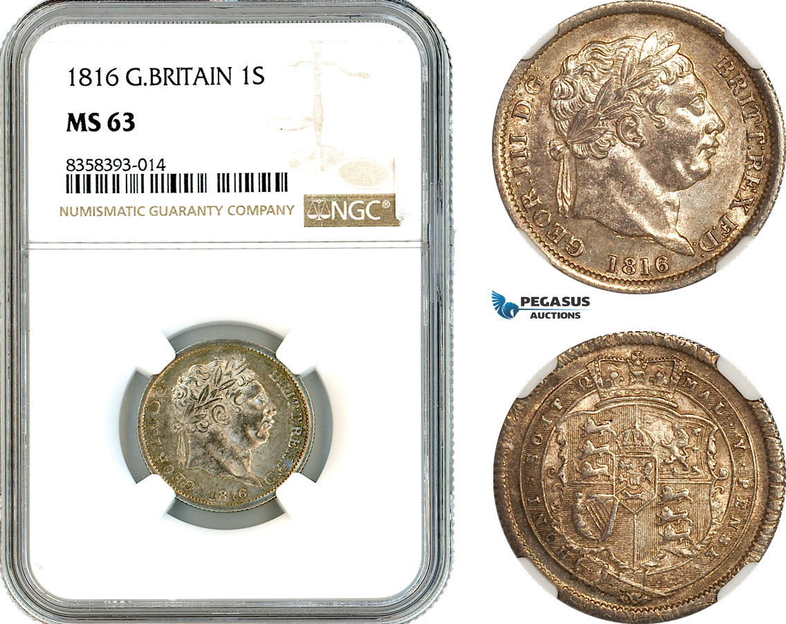 AK468, Great Britain, George III, 1 Shilling 1816, London Mint, Silver, NGC MS63