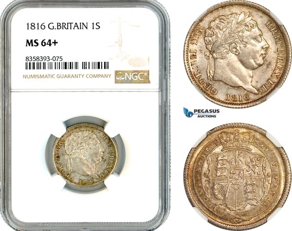 AK469, Great Britain, George III, 1 Shilling 1816, London Mint, Silver, NGC MS64+