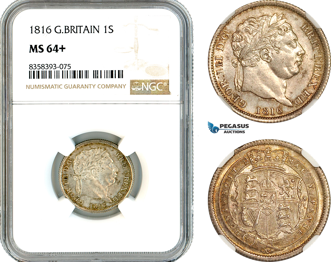 AK469, Great Britain, George III, 1 Shilling 1816, London Mint, Silver, NGC MS64+