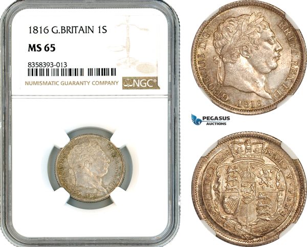 AK470, Great Britain, George III, 1 Shilling 1816, London Mint, Silver, NGC MS65