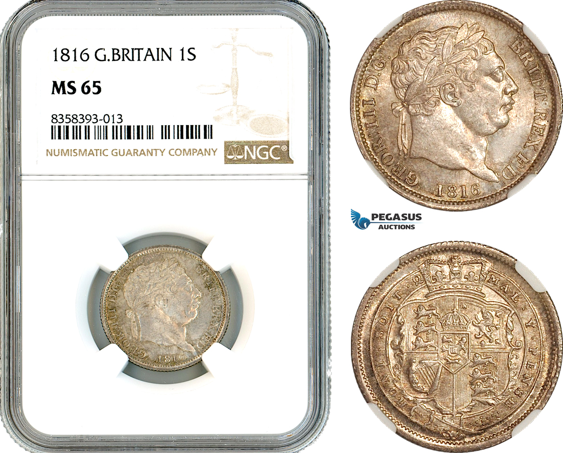 AK470, Great Britain, George III, 1 Shilling 1816, London Mint, Silver, NGC MS65