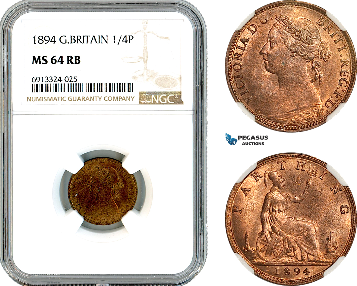 AK471, Great Britain, Victoria, Farthing (1/4 Penny) 1894, London Mint, NGC MS64RB