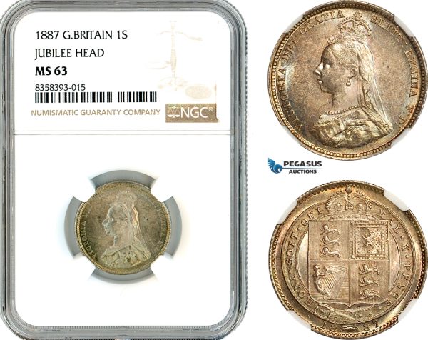 AK473, Great Britain, Victoria, 1 Shilling 1887, Jubilee Head, London Mint, Silver, NGC MS63