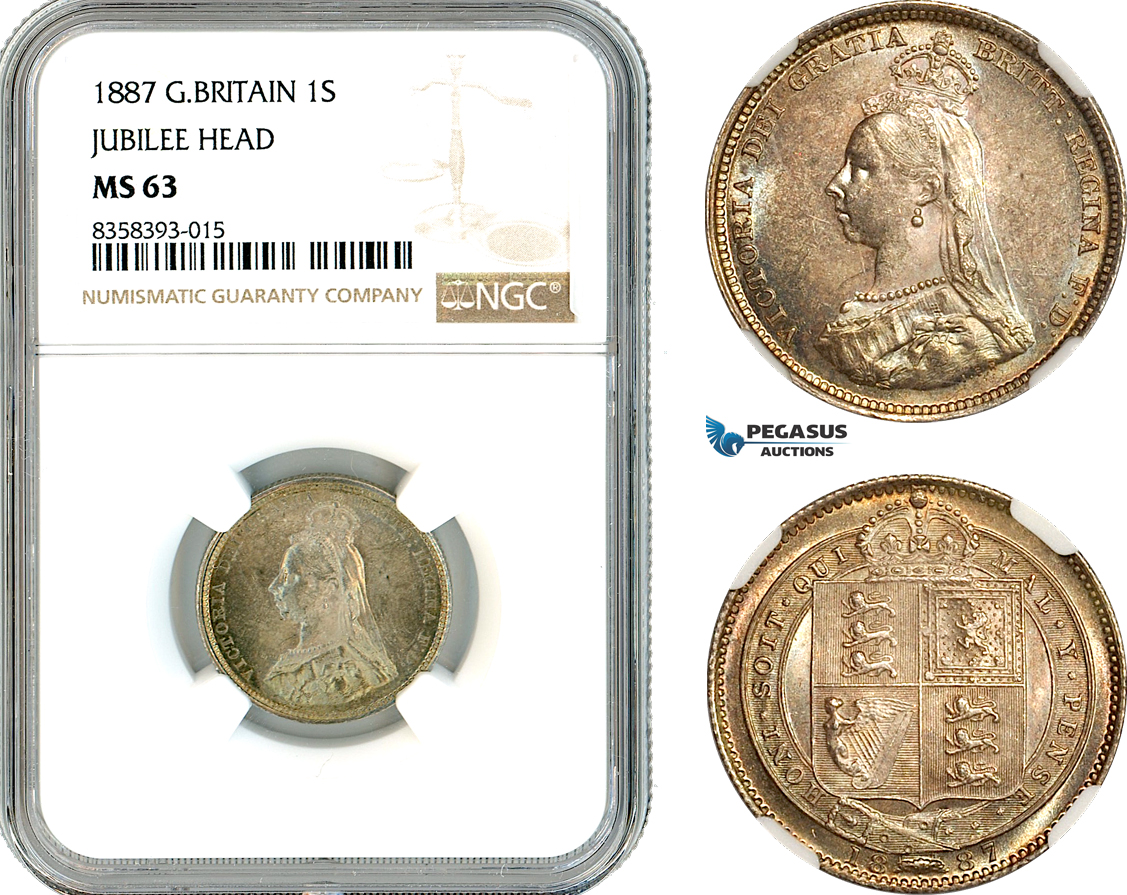 AK473, Great Britain, Victoria, 1 Shilling 1887, Jubilee Head, London Mint, Silver, NGC MS63