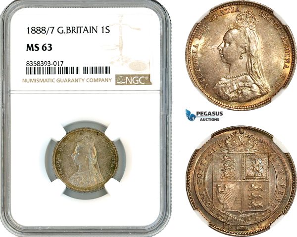 AK474, Great Britain, Victoria, 1 Shilling 1888/7, Jubilee Head, London Mint, Silver, NGC MS63