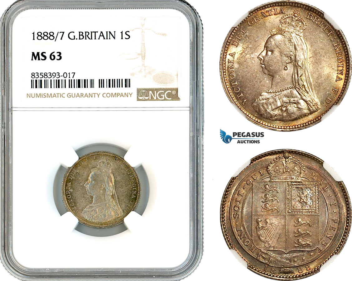 AK474, Great Britain, Victoria, 1 Shilling 1888/7, Jubilee Head, London Mint, Silver, NGC MS63