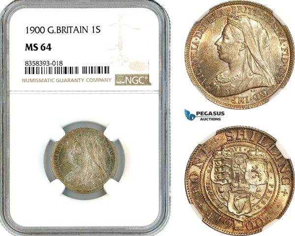 AK476, Great Britain, Victoria, 1 Shilling 1900, London Mint, Silver, NGC MS64