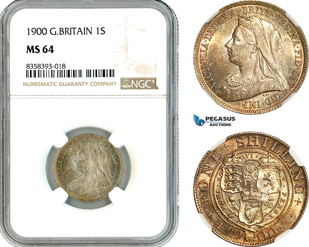 AK476, Great Britain, Victoria, 1 Shilling 1900, London Mint, Silver, NGC MS64