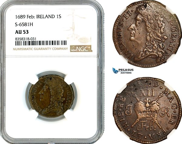 AK479, Ireland, James II, 1 Shilling 1689 Gun Money, Large Coinage, S-6581H, NGC AU53