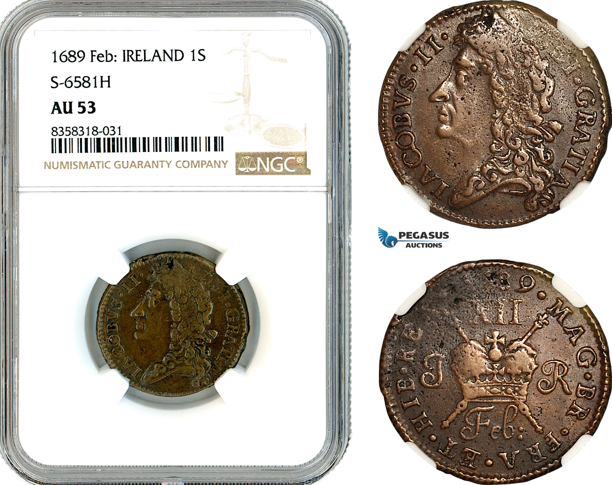 AK479, Ireland, James II, 1 Shilling 1689 Gun Money, Large Coinage, S-6581H, NGC AU53