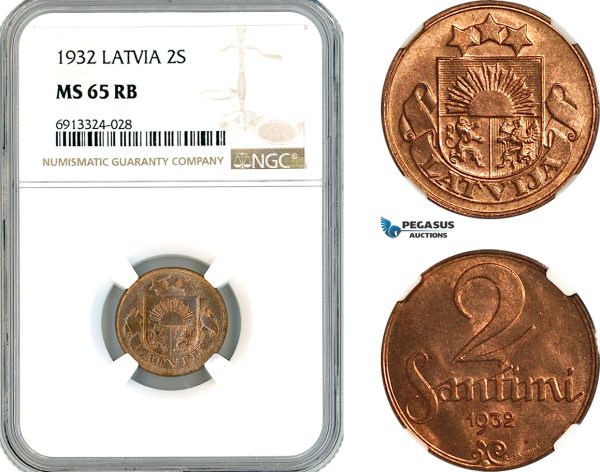 AK482, Latvia, 2 Santimi 1932, NGC MS65RB