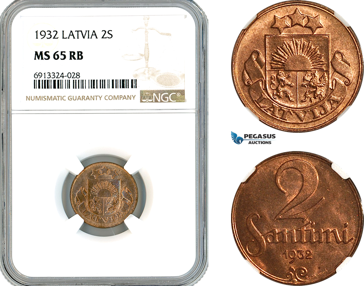 AK482, Latvia, 2 Santimi 1932, NGC MS65RB