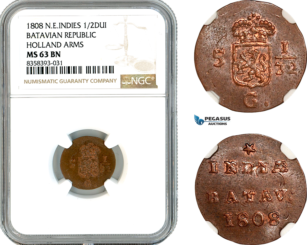 AK483, Netherlands East Indies, Batavian Republic, 1/2 Duit 1808, Holland Arms, NGC MS63BN