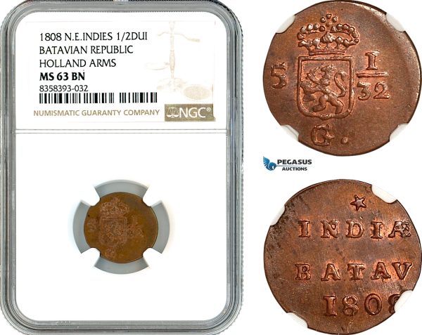AK484, Netherlands East Indies, Batavian Republic, 1/2 Duit 1808, Holland Arms, NGC MS63BN