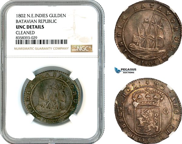 AK485, Netherlands East Indies, Batavian Republic 1 Gulden 1802, Silver, NGC UNC Details