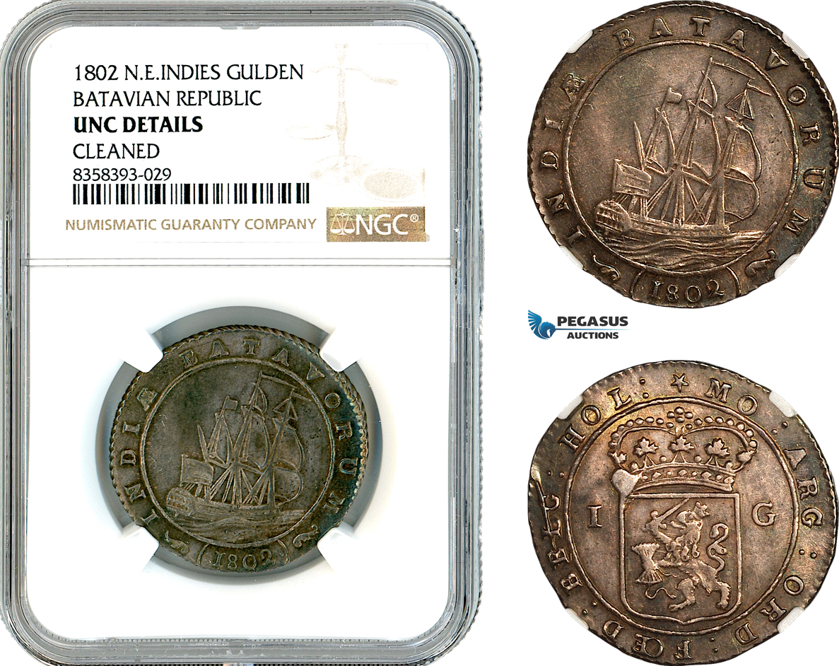 AK485, Netherlands East Indies, Batavian Republic 1 Gulden 1802, Silver, NGC UNC Details