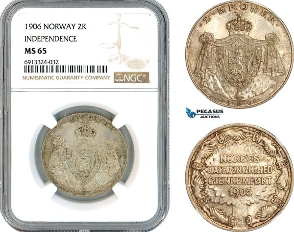 AK487, Norway, Haakon VII, 2 Kroner 1906 "Independence", Kongsberg Mint, Silver, NGC MS65