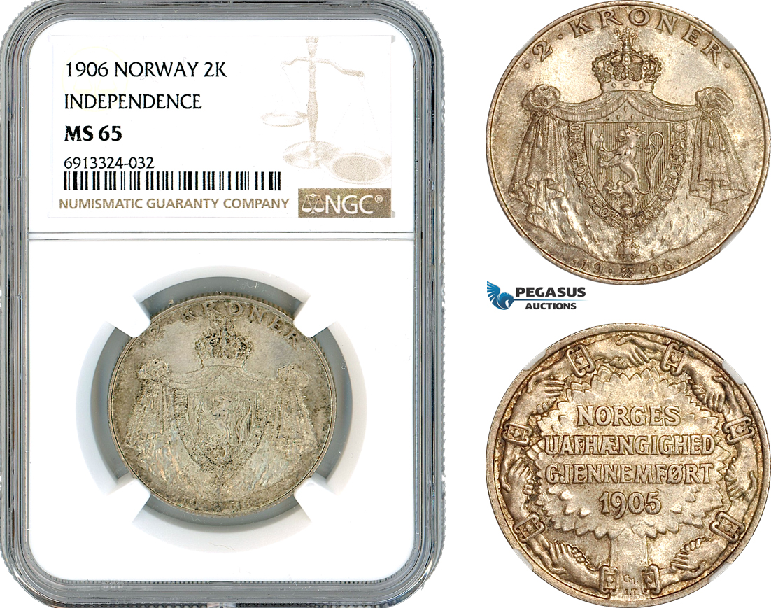 AK487, Norway, Haakon VII, 2 Kroner 1906 "Independence", Kongsberg Mint, Silver, NGC MS65