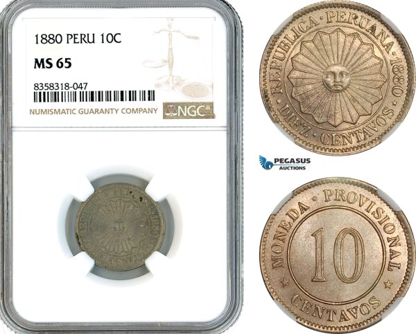 AK488, Peru, 10 Centavos 1880, Lima Mint, NGC MS65