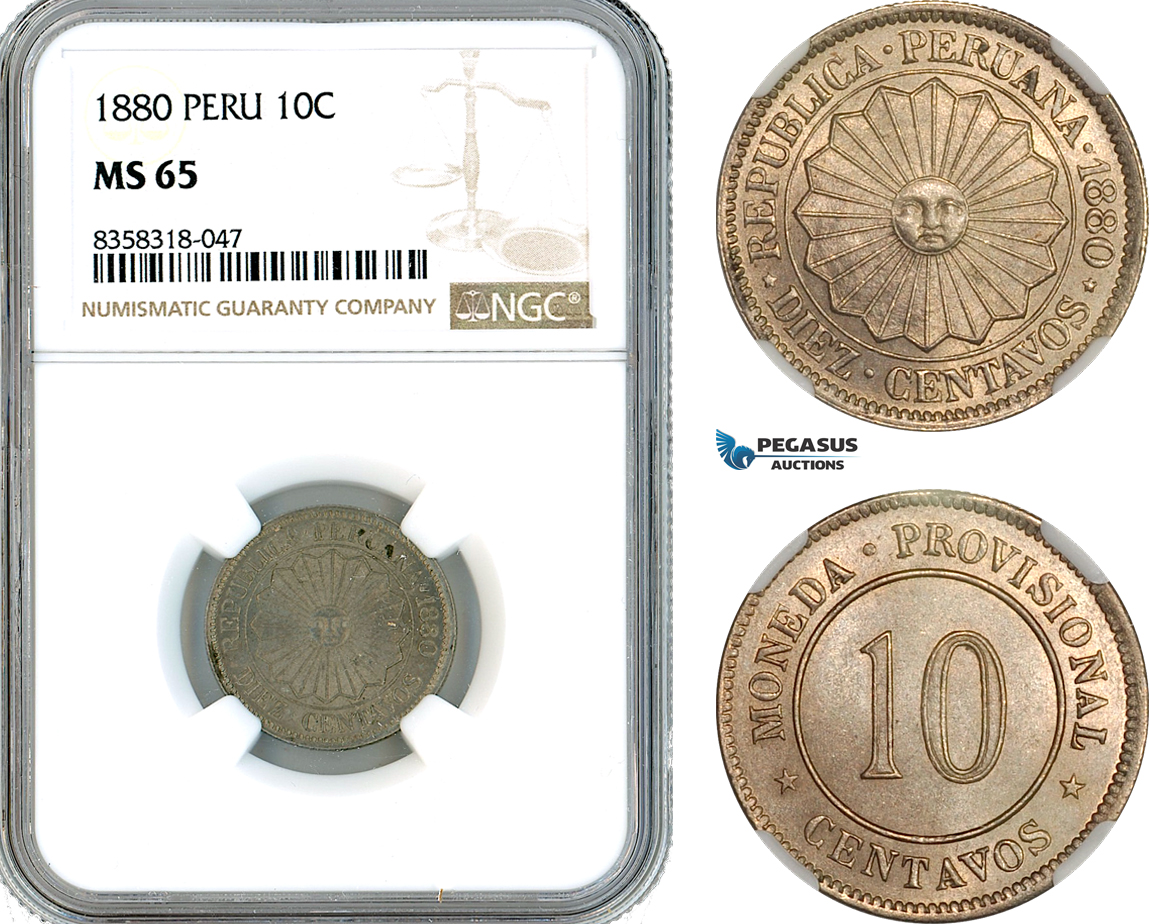 AK488, Peru, 10 Centavos 1880, Lima Mint, NGC MS65