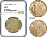 AK489, Poland, 10 Zlotych 1939, Jozef Pilsudski, Silver, NGC MS62