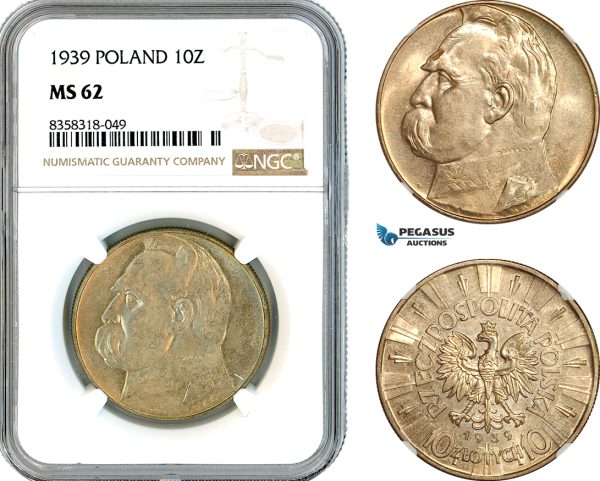 AK489, Poland, 10 Zlotych 1939, Jozef Pilsudski, Silver, NGC MS62