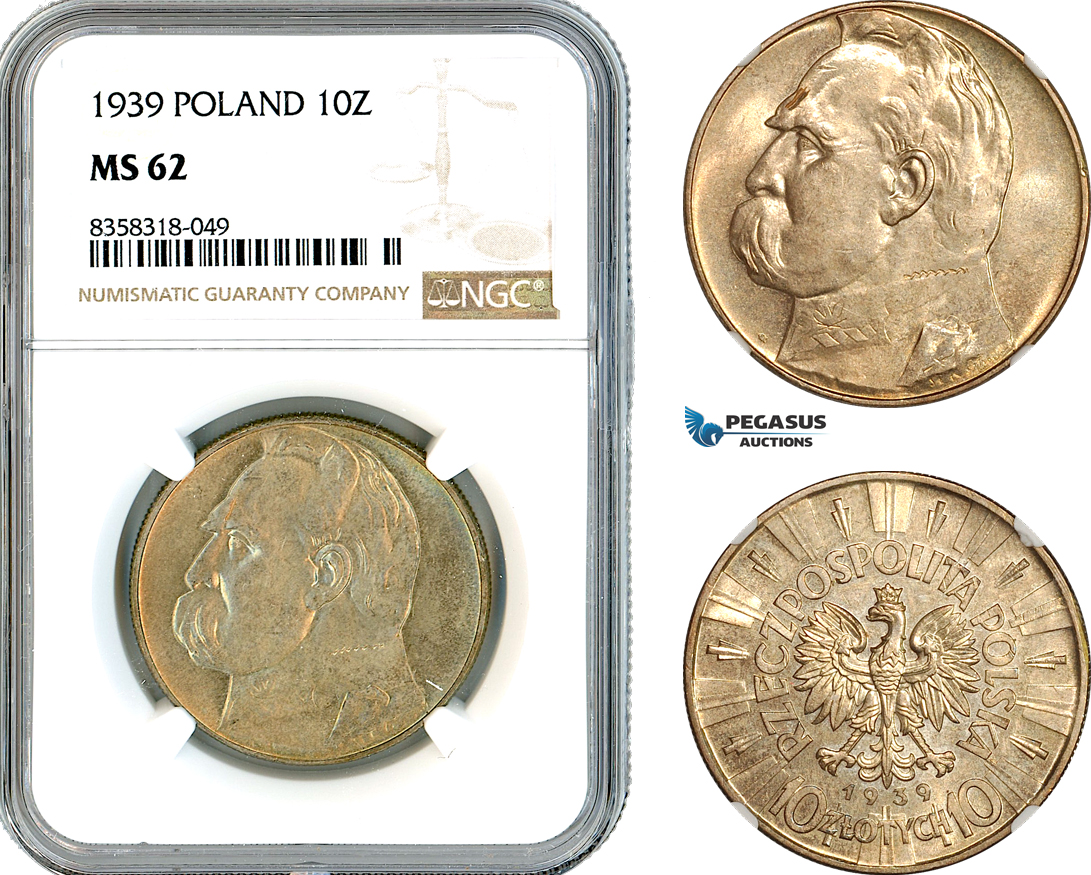 AK489, Poland, 10 Zlotych 1939, Jozef Pilsudski, Silver, NGC MS62
