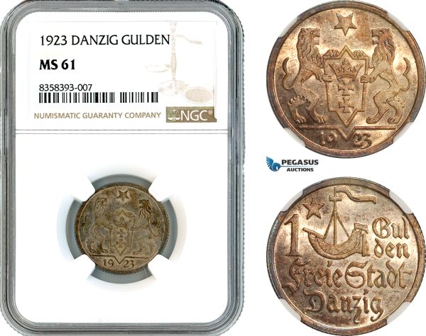 AK490, Poland, Danzig, 1 Gulden 1923, Silver, NGC MS61