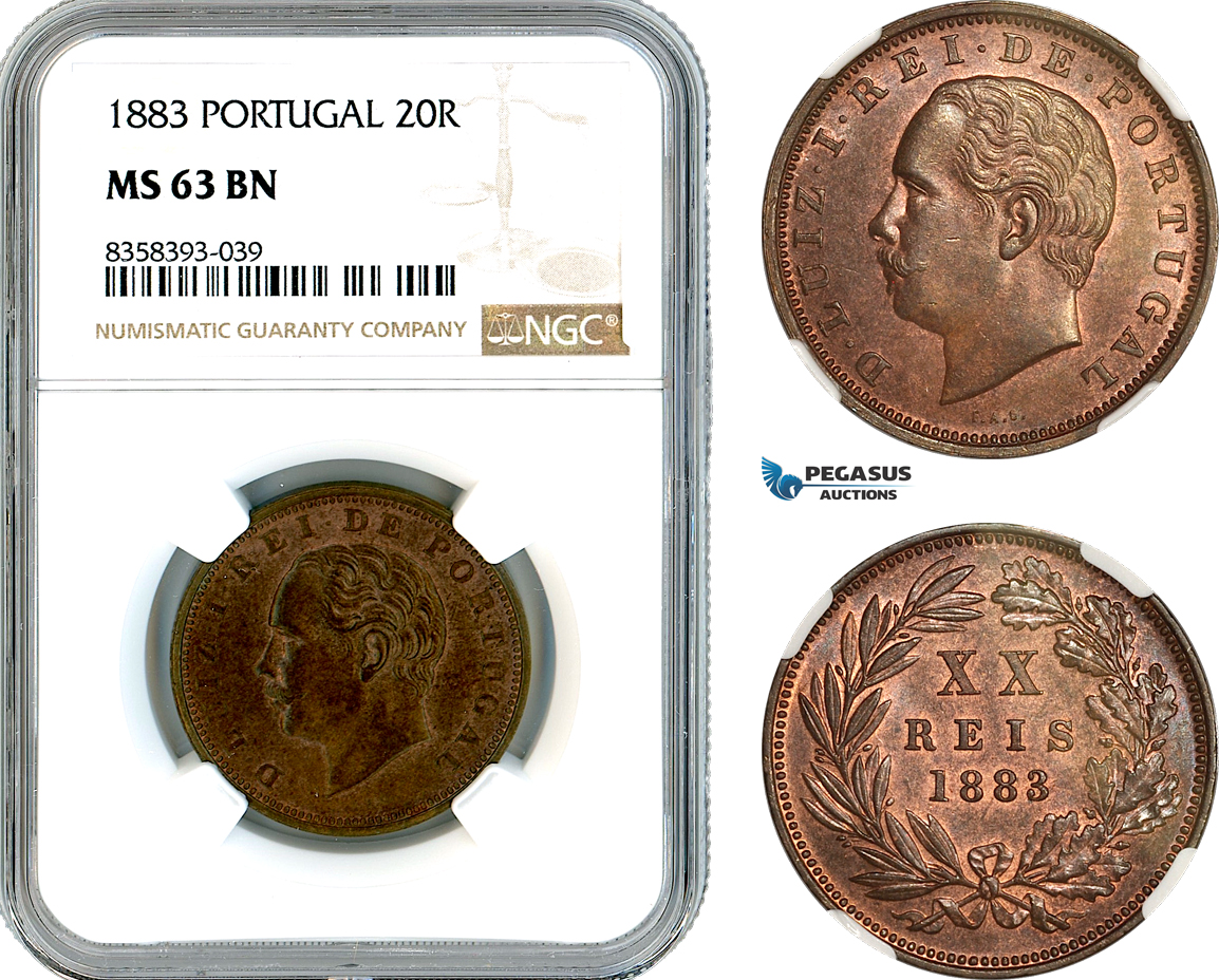 AK491, Portugal, Luiz I, 20 Reis 1883, Lisbon Mint, NGC MS63BN