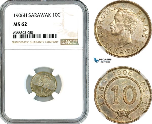 AK508, Sarawak, C. Brooke Rajah, 10 Cents 1906 H, Heaton Mint, Silver, NGC MS62