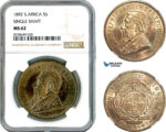 AK509, South Africa (ZAR) 5 Shillings 1892 (Single Shaft) Berlin Mint, Silver, NGC MS62