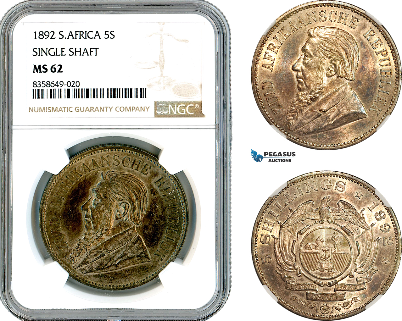 AK509, South Africa (ZAR) 5 Shillings 1892 (Single Shaft) Berlin Mint, Silver, NGC MS62